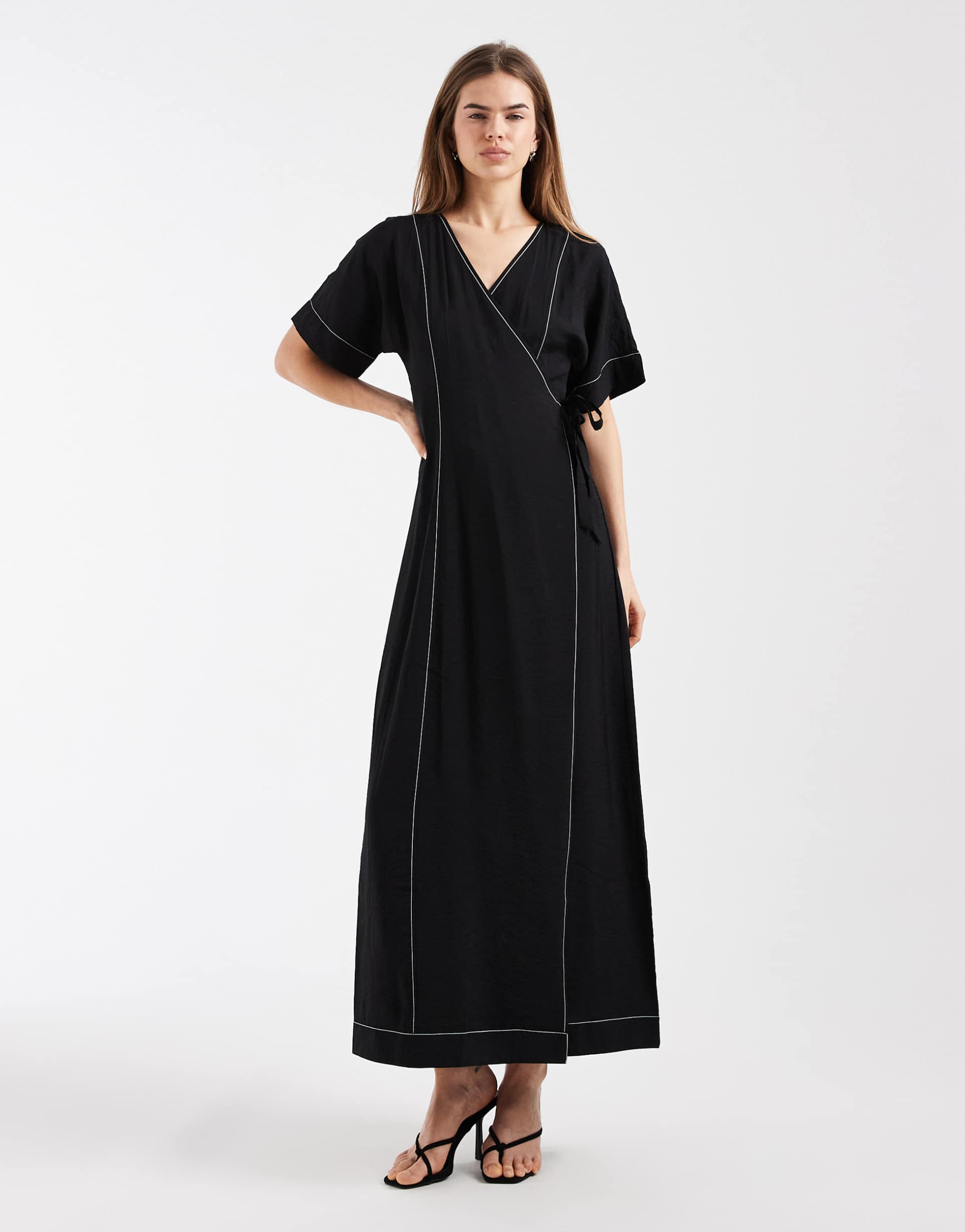 object long maxi wrap dress in black with cream contrast stitching