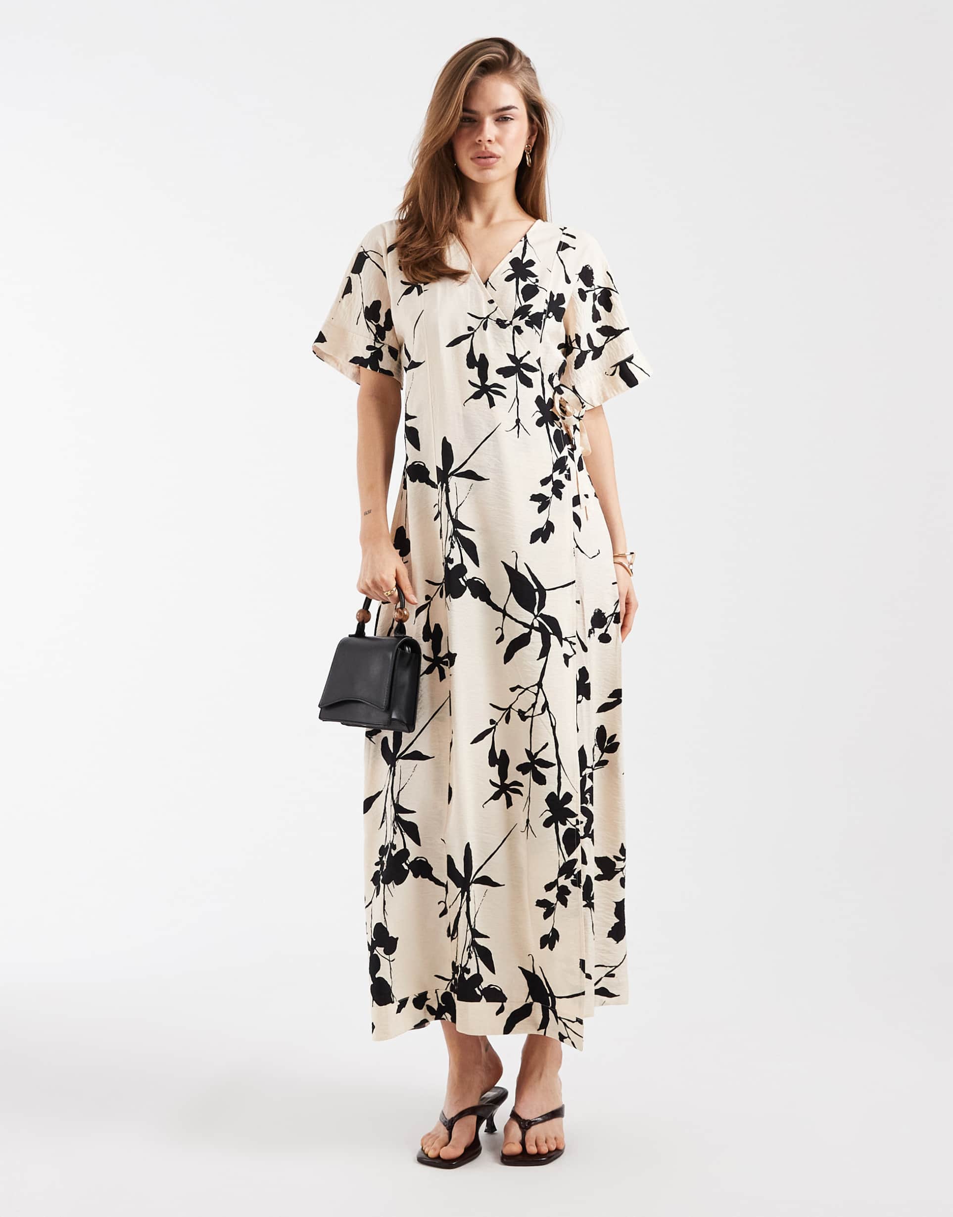 object long midaxi wrap dress in contrast floral print