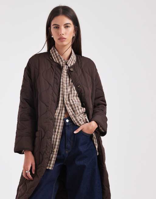 Object long quilted coat in chocolate brown, 2 of 4