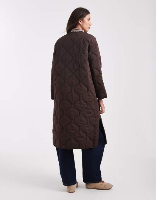 Object long quilted coat in chocolate brown, 3 of 4