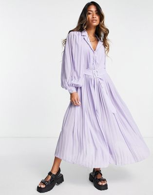 Object long sleeve belted midi dress in lilac