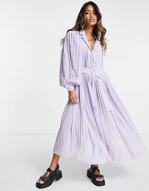 Object long sleeve belted midi dress in lilac | ASOS