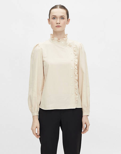 Object long sleeve button front blouse in cream 