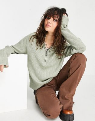 Object long sleeve half zip knitted jumper in sage green