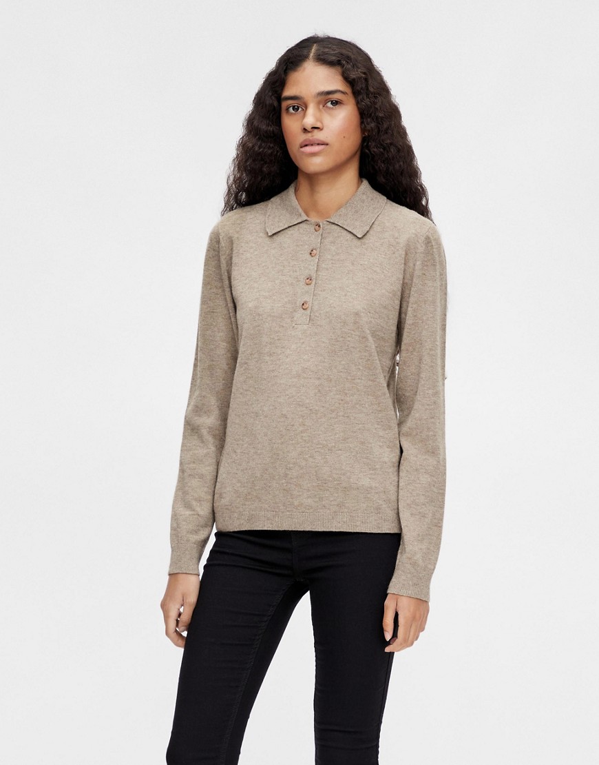 Object long sleeve knit polo neck top in light brown
