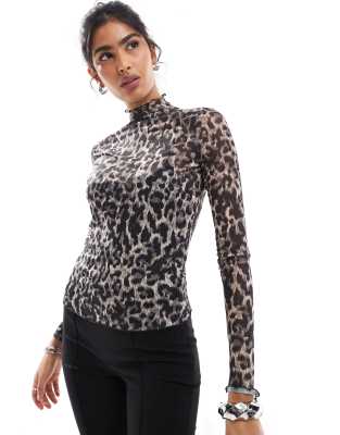 long sleeve mesh roll neck top in leopard print-Black