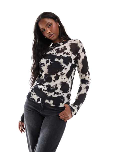 Object long sleeve mesh top in cow print - view 1