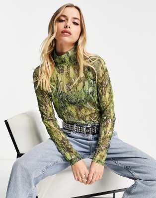 Object long sleeve mesh top in snake print-Multi