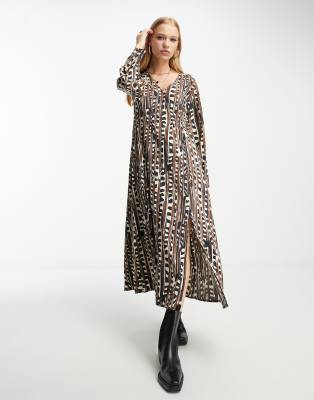 Object Long Sleeve Midi Dress In Brown Abstract Print