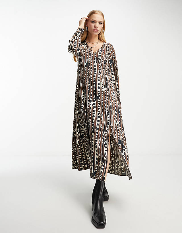 Object - long sleeve midi dress in brown abstract print