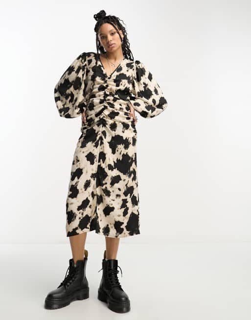 Printed long hotsell sleeve midi dress