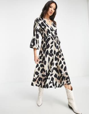 Object long sleeve midi wrap dress in leopard-Brown