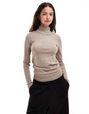 long sleeve roll neck knit top in desert taupe-Brown