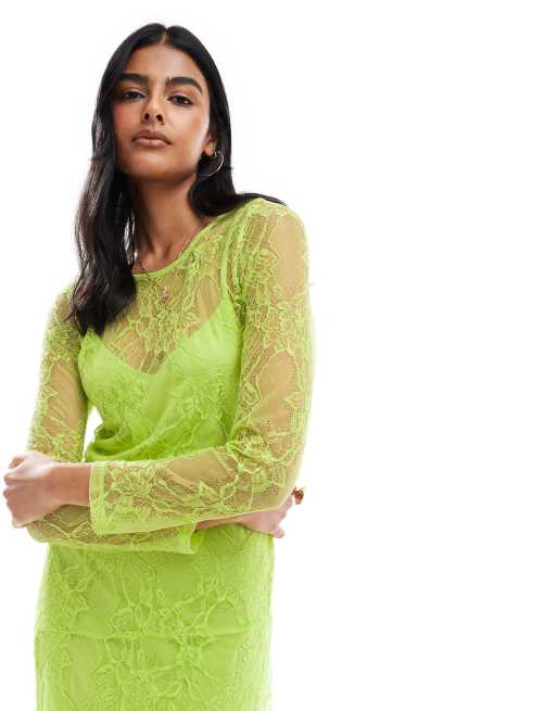 Object Long Sleeve Sheer Lace Maxi Dress in Lime Green