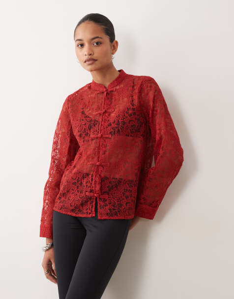Object long sleeve sleeve mandarin button front lace top in red - view 1