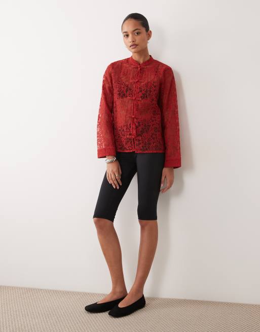 Object long sleeve sleeve mandarin button front lace top in red, 3 of 4