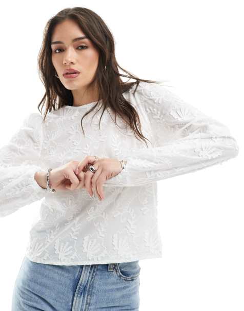 Object long sleeve top with applique in white - view 1