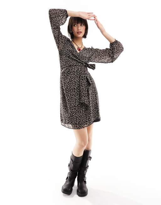 Object long sleeve wrap front mini dress in black ditsy floral