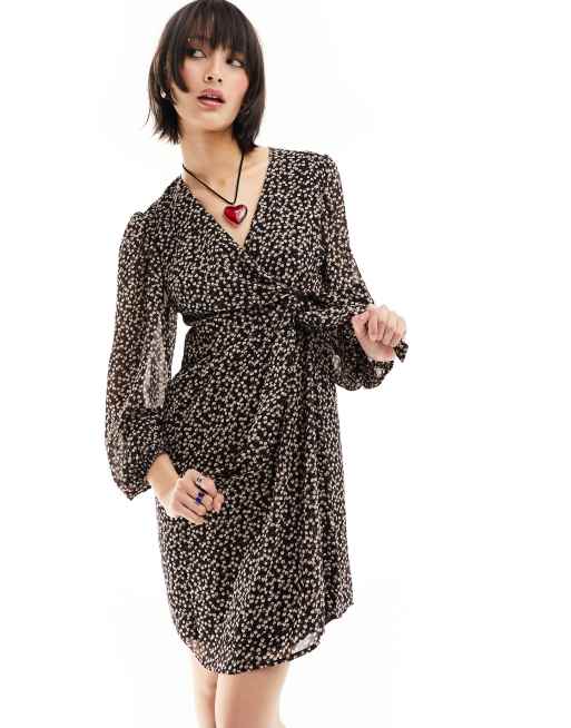 Object long sleeve wrap front mini dress in black ditsy floral