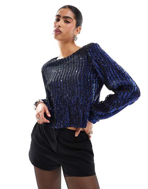 Object long sleeved sequin top in navy - view 1