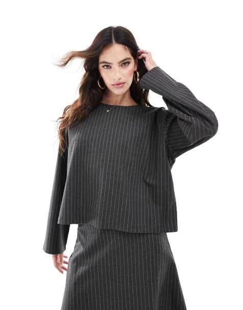 Object long sleeved top in grey pinstripe (part of a set) - view 1
