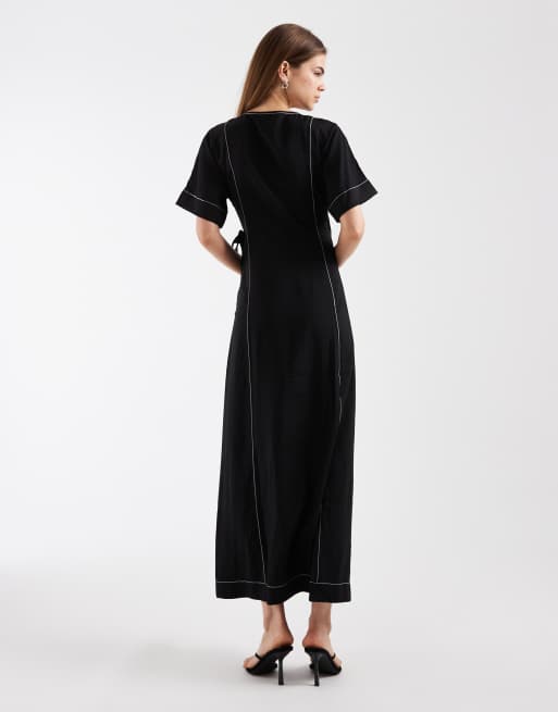 Object long wrap maxi dress in black with cream contrast stitch, 3 of 4