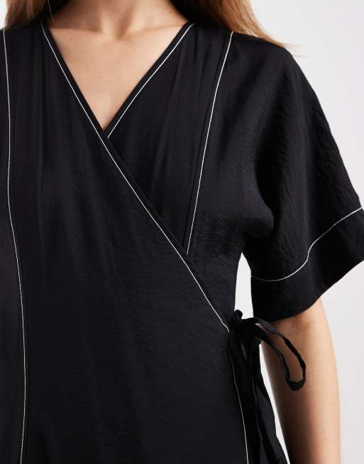 Object long wrap maxi dress in black with cream contrast stitch, 4 of 4