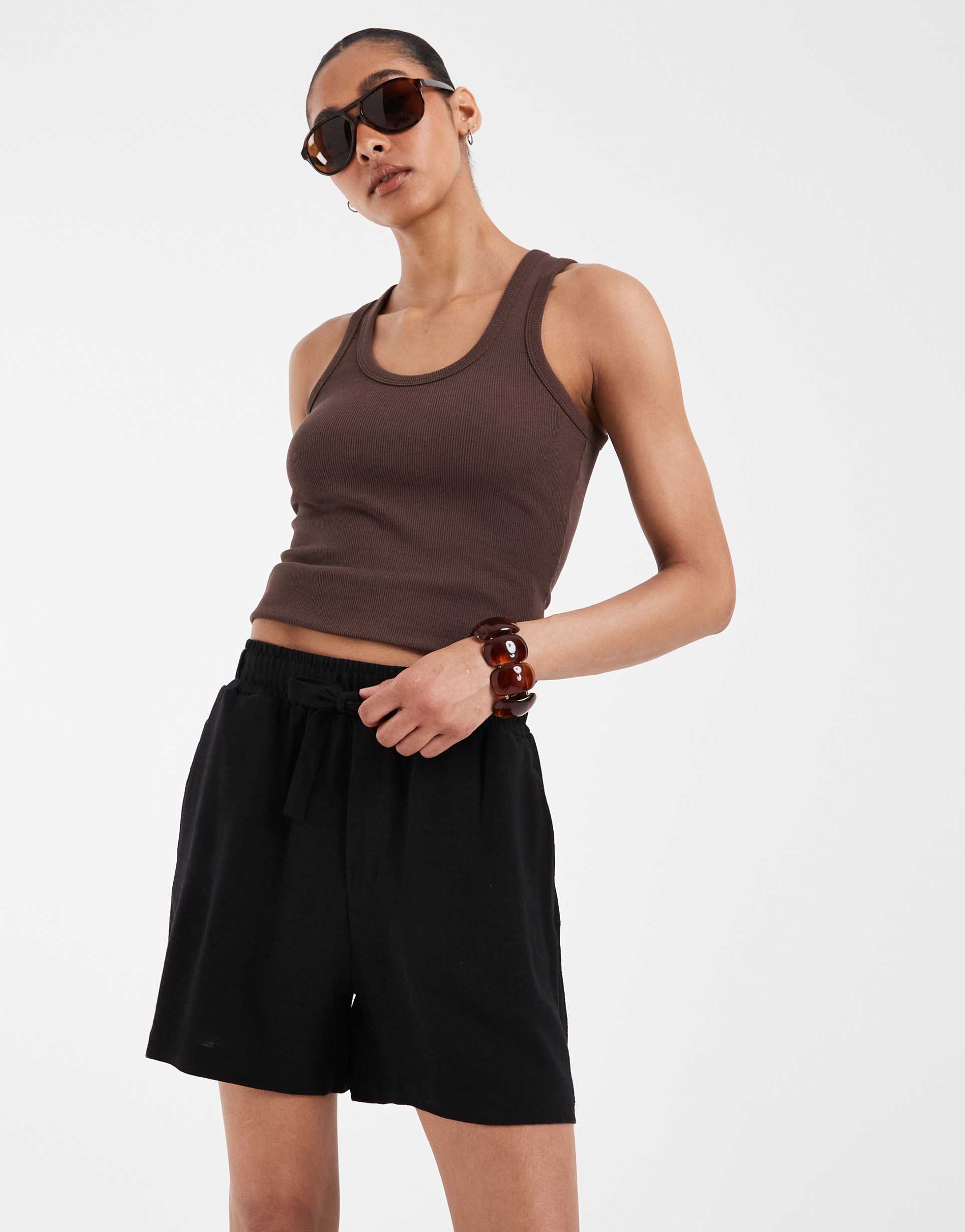 object loose tie waist linen touch shorts in black