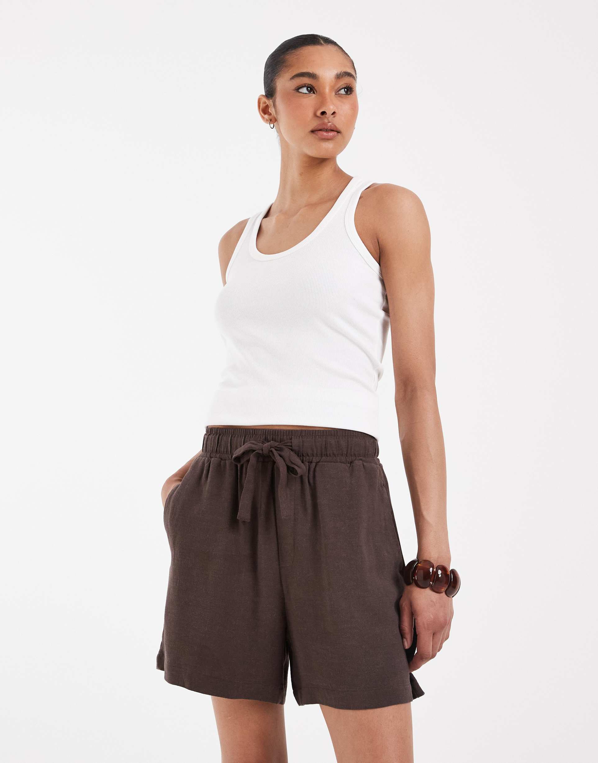 object loose tie waist linen touch shorts in chocolate
