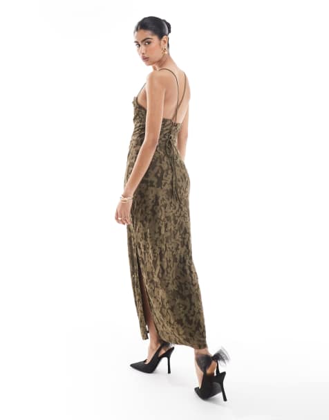 Object low cross back maxi slip dress in olive burnout - view 1
