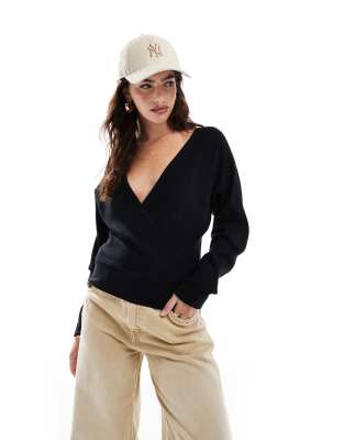 low V-neck wrap front sweater in black