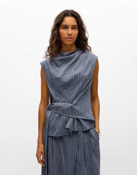 Object Loy top cruzado sin mangas de cuello redondo a rayas en gris - view 1