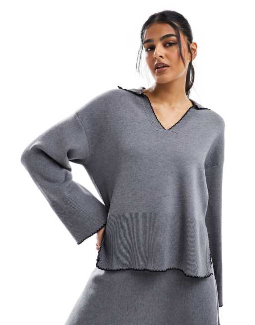 Object - Maglione oversize grigio con bordi a contrasto e scollo a V in coordinato 