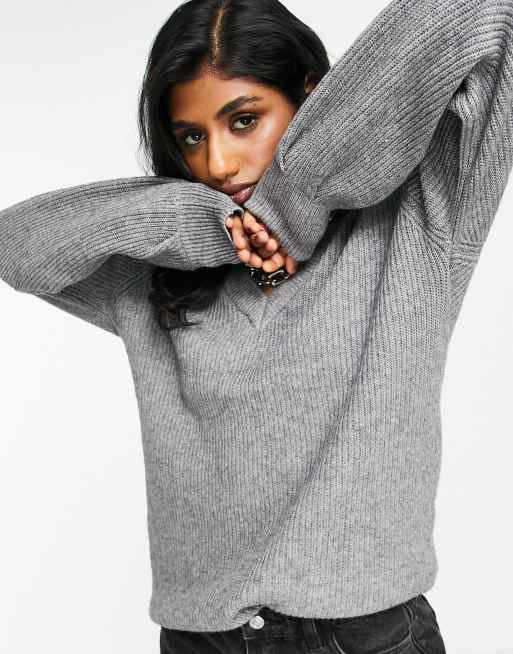 Object – Malena – Strickpullover in Grau mit V-Ausschnitt