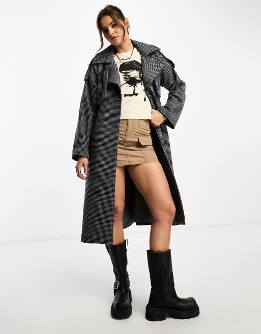 Object – Marinblå, rutig, formell trenchcoat i ull