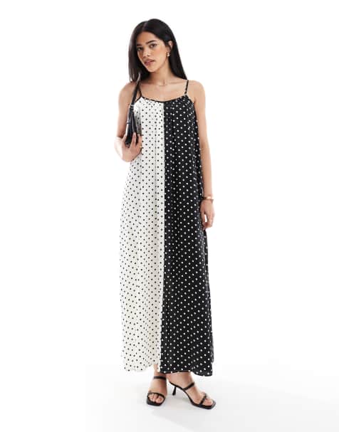 Object - Maxi cami-jurk met contrasterende zwart-witte stippenprint - view 1