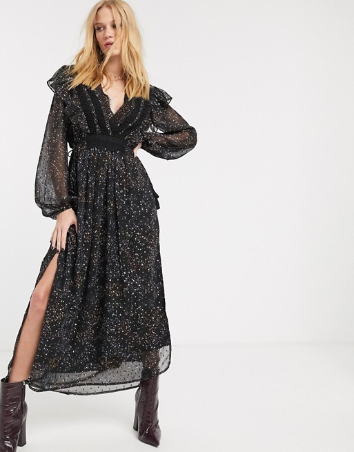 Object maxi dress with volume sleeves and side split in black floral