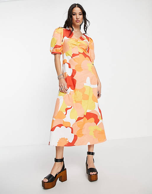 Object - Maxi jurk met bloemenprint in oranje