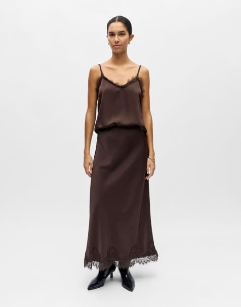 Object - Maxi rok met kanten zoom in chocoladebruin - view 1