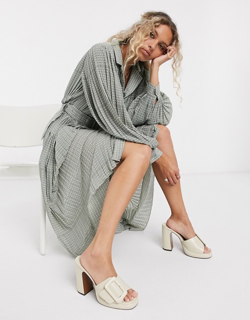 Object maxi shirt dress with pleating and volume sleeve in white spot
