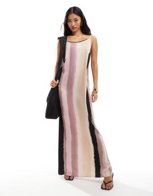 Object maxi slip dress in bleached stripe print-Neutral