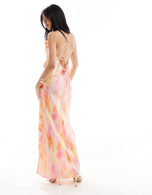 Object - Maxi slipdress van satijn met lage rug, gekruiste bandjes en waterverfprint, 3 van 4