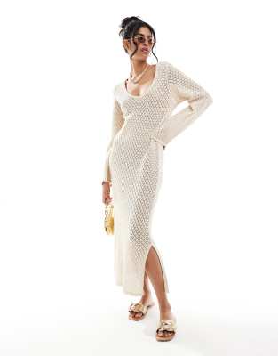 Object - Maxi-Strickkleid in Creme mit U-Boot-Ausschnitt-Neutral