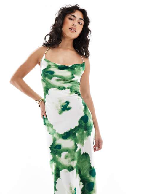 Object – Maxi-Trägerkleid aus Satin mit abstraktem Blumenmuster in Grün und tiefem, überkreuztem Rückenausschnitt, 4 von 4