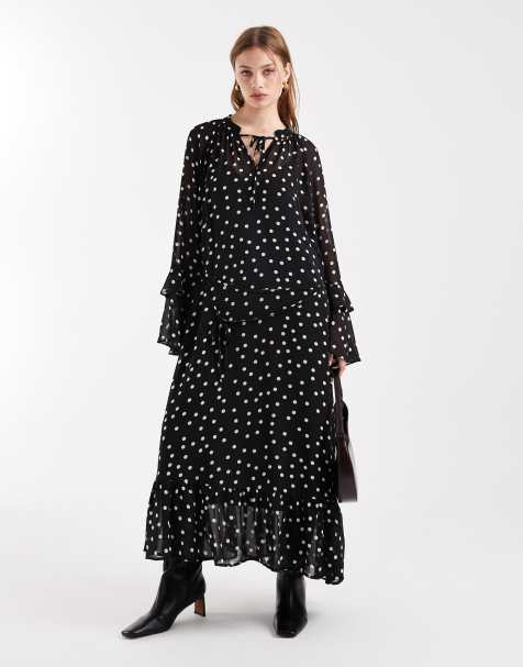 Object – Maxikleid im Boho-Stil mit Polka-Dot-Muster in Schwarz und Weiß mit Rüschen - view 1