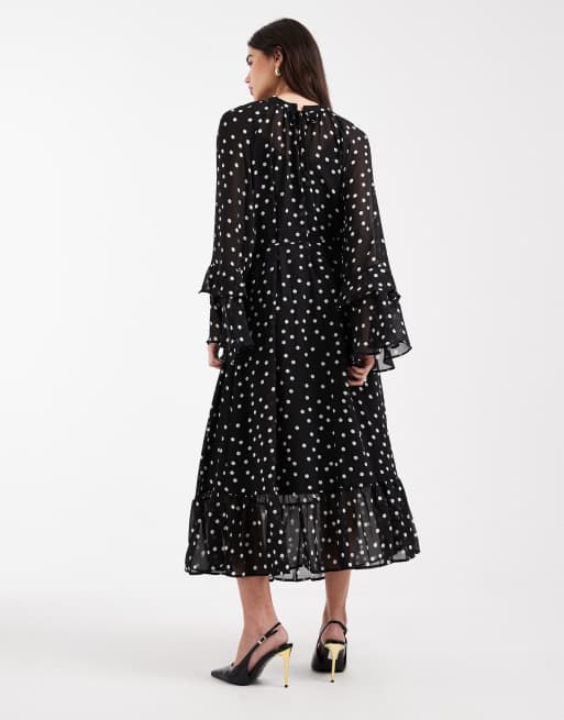 Object – Maxikleid im Boho-Stil mit Polka-Dot-Muster in Schwarz und Weiß mit Rüschen, 4 von 4