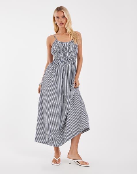 Object Maxikleid mit Smokbund und Trägern in Blau-Weiß gestreift - view 1