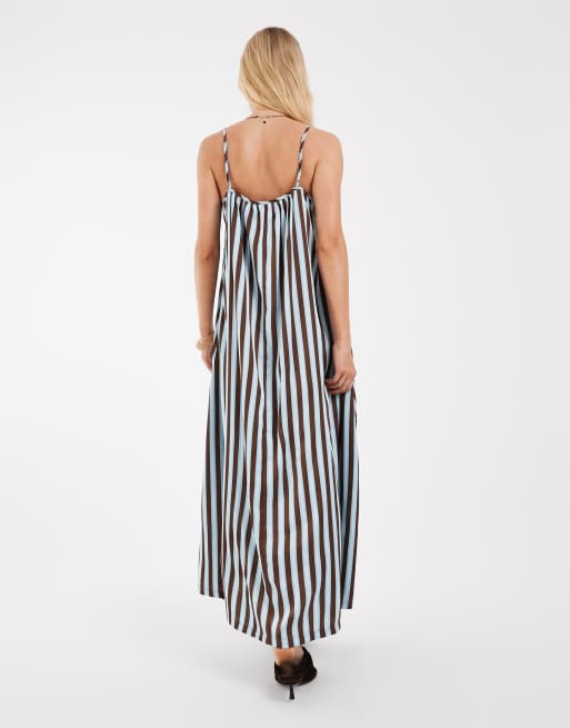 Object Maxikleid mit vertikalen Streifen, Camisole-Style, in Hellblau und Braun, 3 von 4