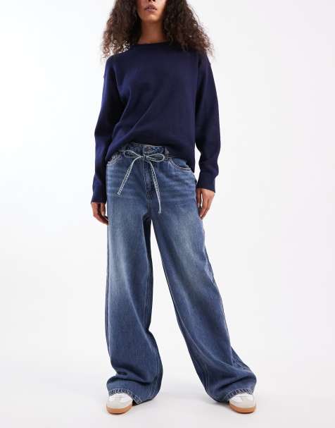 Object – Mellanblå jeans med vida ben och knytning i midjan - view 1