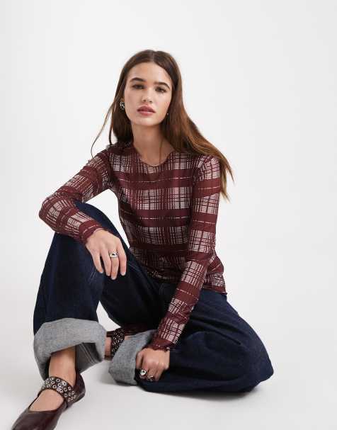 Object mesh long sleeve top in burgundy check print